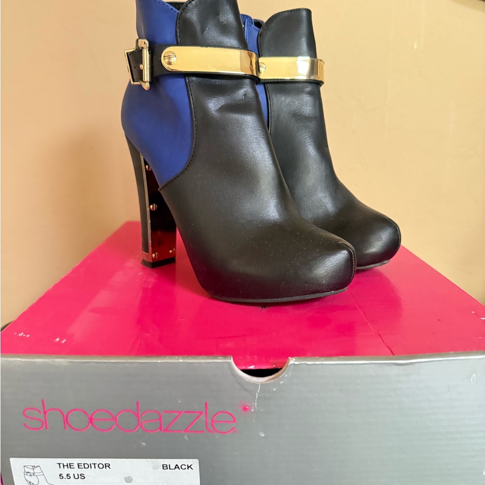 Shoe Dazzle Black and Blue Heeled Boots with Gold Accent